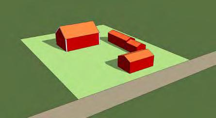 Ovan: Bostadshusets och komplementbyggnadens placering verkar inte gårdsbildande på tomten. Placering är vanlig i nyare villaområden men är olämplig i områden med karaktären av traditionell by.