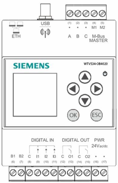 Anslutningsplintar Enheten har följande anslutningsplintar / lysdiod A B C D WTV676-HB6035 A Ethernet-anslutning B USB-anslutning (ingen funktion) C Antennanslutning D Plintar (4) och (5): Anslutning