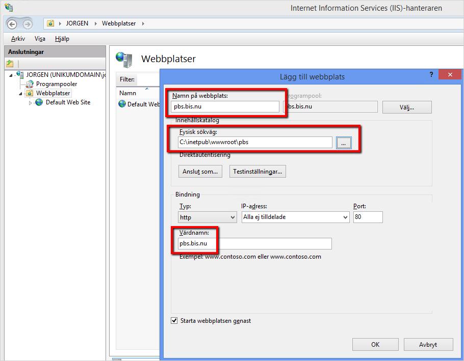 IIS Anslutning av webbplats Anslut en ny webbplats genom att högerklicka på Webbplatser under Anslutningar.