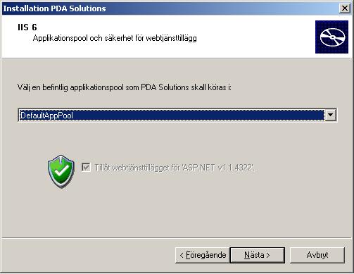 Ange namnet på den virtuella katalog där PDA Solutions-filerna ska ligga. Katalogen är en del av hela länken till PDA Solutions, t.ex. www.unikum.se/pda.