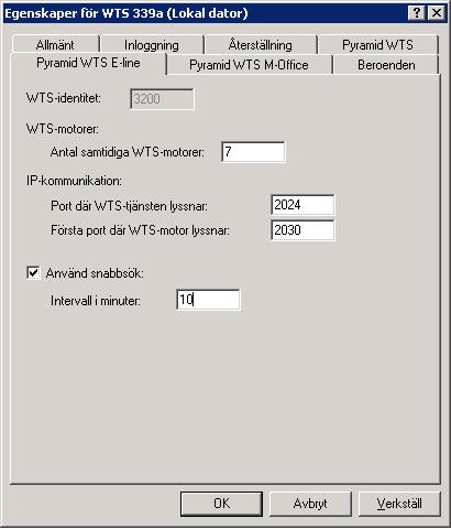 Andra fliken, Pyramid WTS E-line, visar övriga inställningar. Även dessa går att ändra och kräver omstart av WTS-tjänsten.