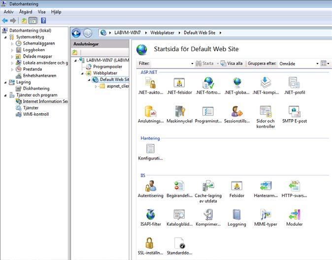 Öppna datorhanteraren genom att klicka på Startknappen och högerklicka på Dator och välj sedan Hantera. IIS ligger under Tjänster och program.
