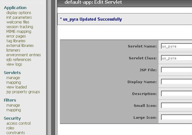 I den dialog som sedan visas välj Servlets, Manage och klicka på Add Servlet. Följande visas: Servlet Name och Servlet Class ska båda vara us_pyra.