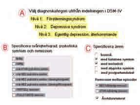 Figur 1. Exempel på hur val av diagnoskategori samt specificeringar kan göras för en patient med återkommande depressioner.