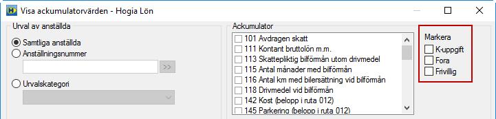 Ta ut tre listor med ackumulatorvärde genom att markera önskad ackumulator en i taget, en för ackumulator 101 Avdragen skatt, en för 111 Kontant bruttolön samt en för eventuella förmåner, exempelvis