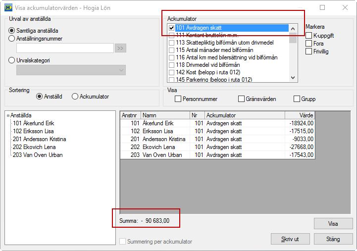 Löneartstyp och Arbetsgivaravgift styr var värdet ska hamna på Arbetsgivardeklarationen. Inställningen under Summera vid avräkning till styr i vilken ackumulator värdet ska sparas.