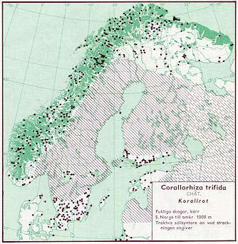 Figur 96. Utbredning av korallrot i Norden jämte delar av Baltikum (Hultén 1971) Figur 97. Utbredning av korallrot i Skåne t o m 1973 (Weimarck 1985).
