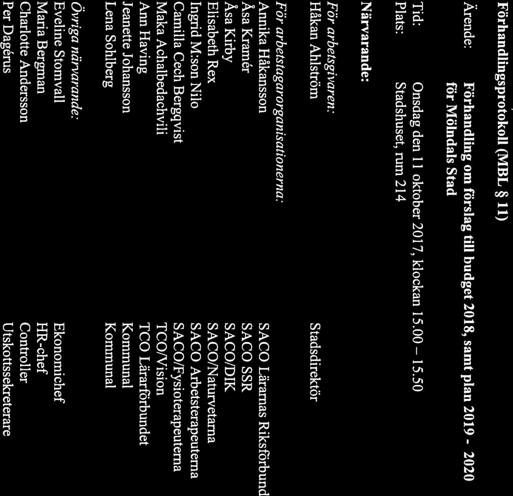 ND o MBL-protokoll 2017-10-11 1(3) Förhandlingsprotokoll (MBL 11) Ärende: Förhandling om förslag till budget 2018, samt plan 2019 - för Mölndals Stad 2020 Tid: Onsdag den 11 oktober 2017, klockan 15.