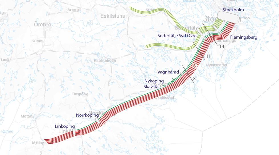 Järnvägen via Tumba kommer även framöver att huvudsakligen trafikeras av pendeltåg och godståg. Den undre gröna linjen utgörs av Grödingebanan som invigdes 1995.