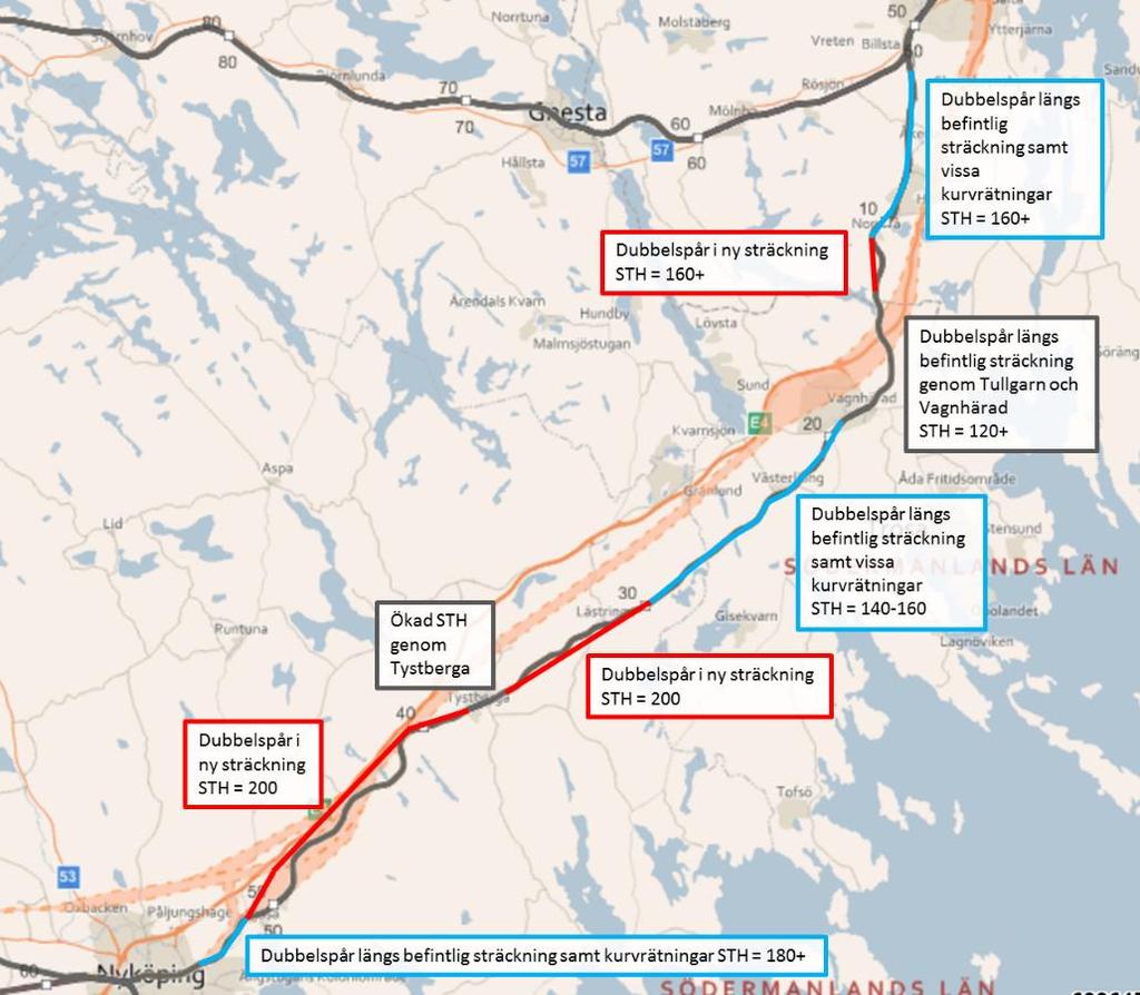 spåret dras längs det befintliga spåret för att minimera intrånget vilket innebär att STH kommer att ligga runt 120 km/h. Figur 5.4: Schematisk skiss över upprustad Nyköpingsbana i orange Figur 5.