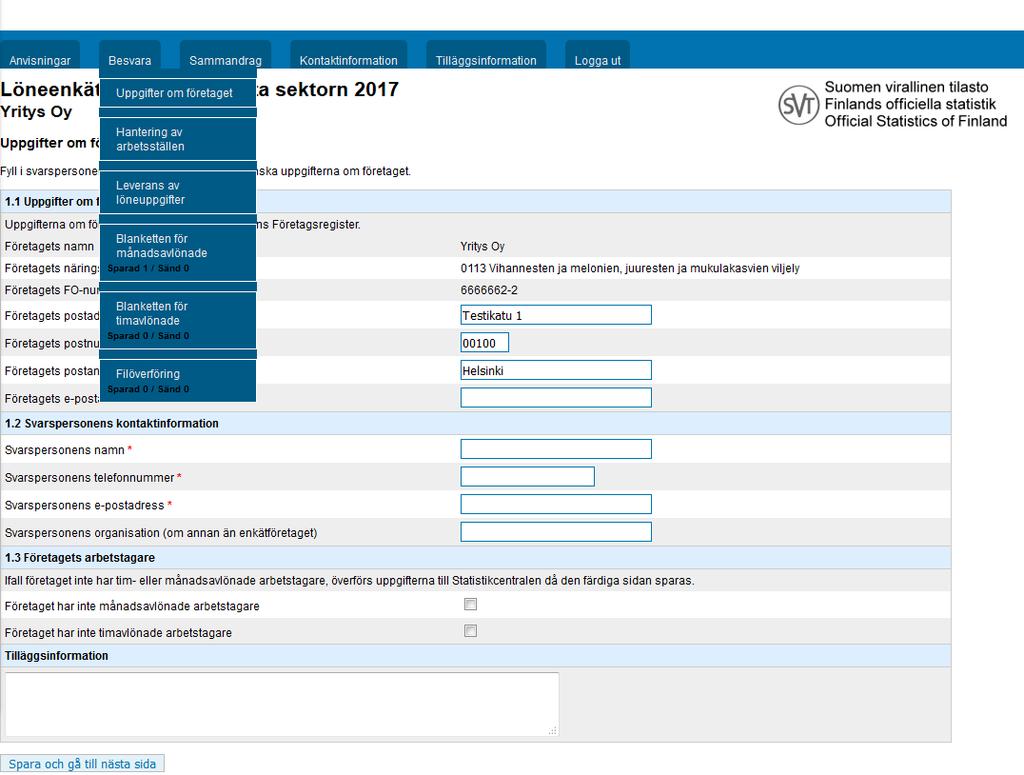 1.4 ATT ÖVERFÖRA EN CSV-FIL TILL DEN ELEKTRONISKA DATAINSAMLINGSTJÄNSTEN För leverering av uppgifterna till Statistikcentralen, logga in i den elektroniska datainsamlingstjänsten för löneenkäten för