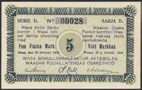 1/1+ 300:- 802 803 802 Pasanen 134b Finland World War I Emergency Issues. Aktiebolaget Värtsilä Osakeyhtiö. Värtsilä. 5 penniä no 2563. Dated 14.5.1919. Scarce! 1? 700:- 803 Pasanen 134b Finland World War I Emergency Issues.