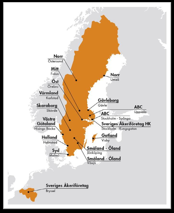 Korta fakta om Sveriges Åkeriföretag Bildat 1917 12 regioner 19 kontor inklusive ett i Bryssel 65 anställda Cirka 7000 åkare är medlemmar hos oss Vi samarbetar med åkerinäringens