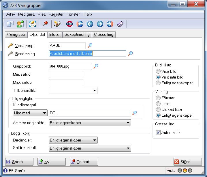 Inställningar i rutin 728 Varugrupper Du kan i rutin 728 Varugrupper ange en F7-text som beskriver varugruppen i e-säljaren.