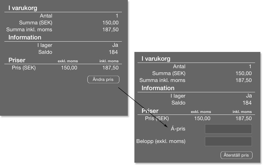 Ändra pris Klicka på knappen Ändra pris i köpdialogen för att justera priset för artikeln.