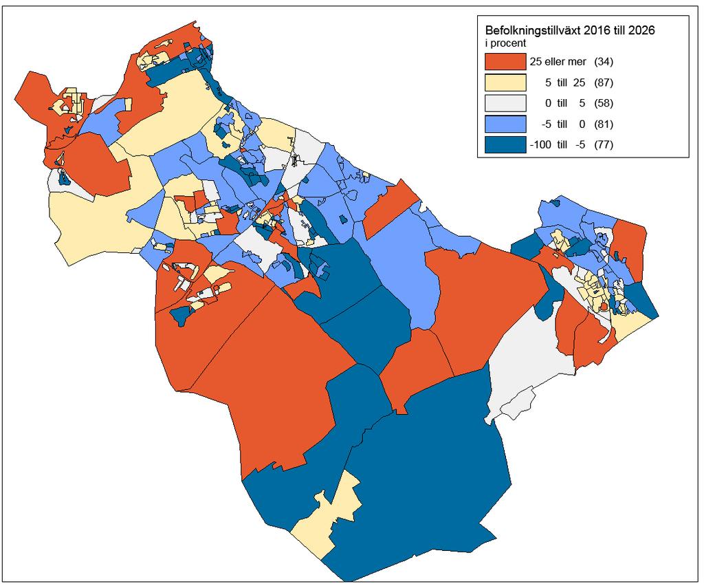 Prognos 2017-2026, kartbilaga Befolkningstillväxt per nyckelkodsområde Karta 1.