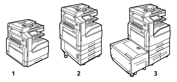 Papper och material Översikt över papper och material Skrivaren kan ha upp till sex pappersmagasin, beroende på magasinkonfigurationen. 1. Baskonfiguration 2. Konfiguration med 3-magasinmodul 3.