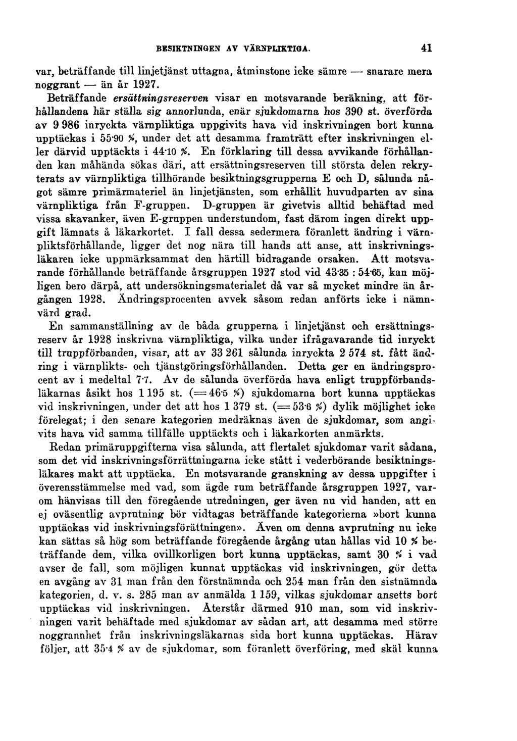 BESIKTNINGEN AV VÄRNPLIKTIGA. 41 var, beträffande till linjetjänst uttagna, åtminstone icke sämre snarare mera noggrant än år 1927.