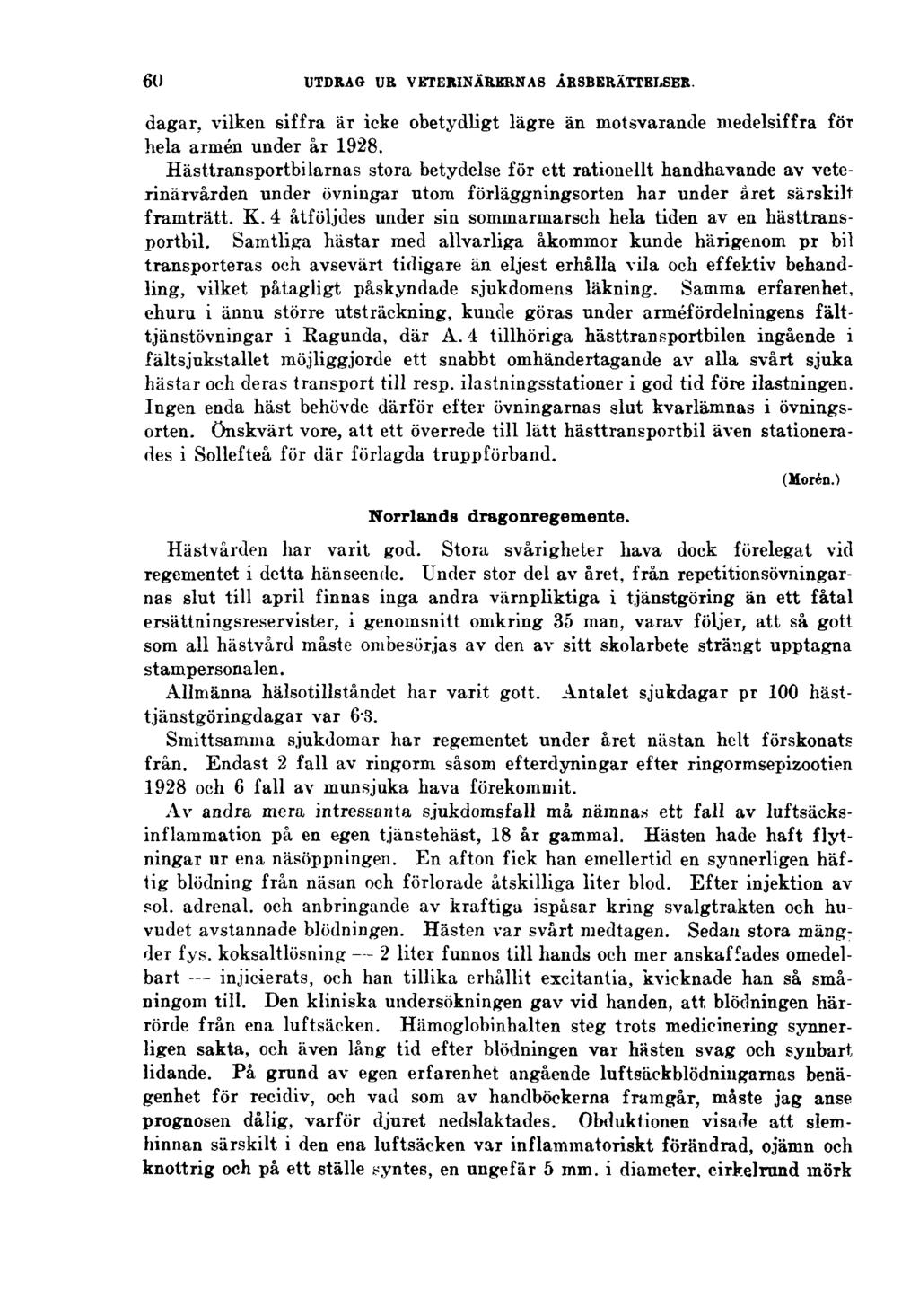 60 UTDRAG UR VETERINÄRERNAS ÅRSBERÄTTELSER. dagar, vilken siffra är icke obetydligt lägre än motsvarande ruedelsiffra för hela armén under år 1928.