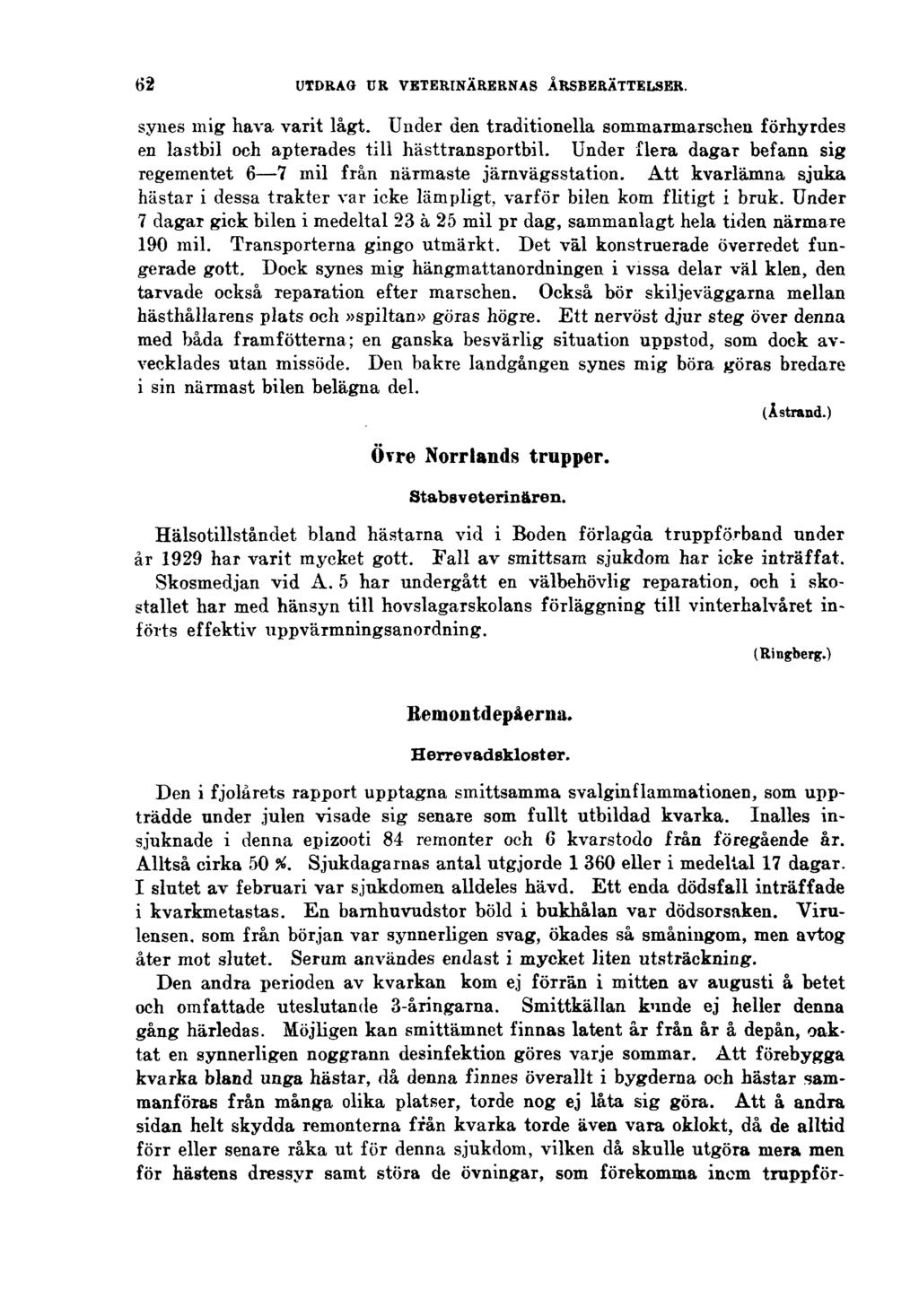62 UTDRAG UR VETERINÄRERNAS ÅRSBERÄTTELSER. synes mig hava varit lågt. Under den traditionella sommaimarschen förhyrdes en lastbil och apterades till hästtransportbil.