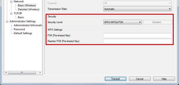 Om Security Level är WEP-64bit(40bit) eller WEP-128bit(104bit): Inställning Input using hex WEP Key: Key Index: Detailed Beskrivning Markera kryssrutan om du vill ange WEP Key som ett hexadecimalt