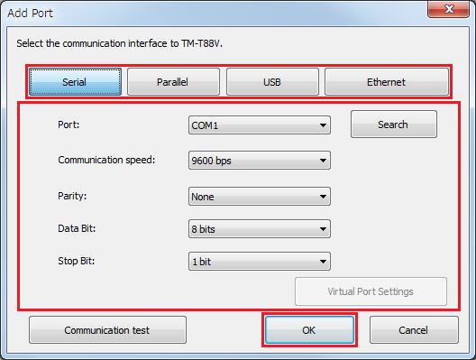 TM-T88V Utility C Skärmen Add Port (Lägg till port) öppnas. Konfigurera porten som ska läggas till. Klicka sedan på knappen OK.
