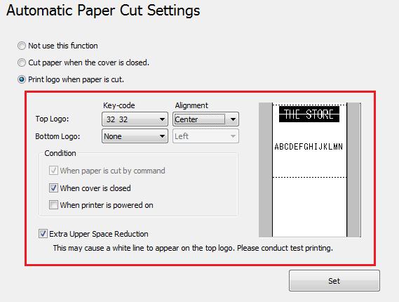 Print logo when paper is cut. (Skriv ut logotyp när papperet klipps av). Funktionen för automatisk avklippning inaktiveras. Gå till steg 4.