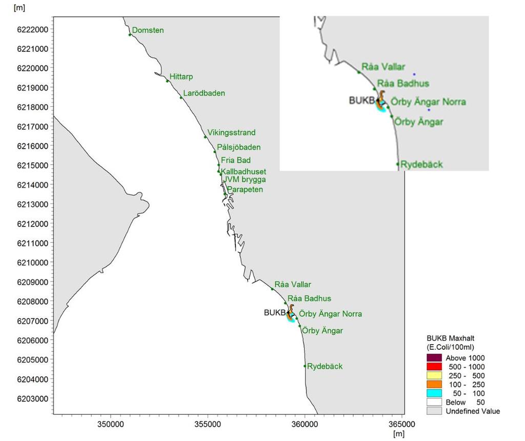 Figur 5-12 Påverkansområden för Vallakrå brädd baserat på utsläpp av E. coli under den modellerade perioden (=områden med maxhalt över 50 bakterier/100 ml).