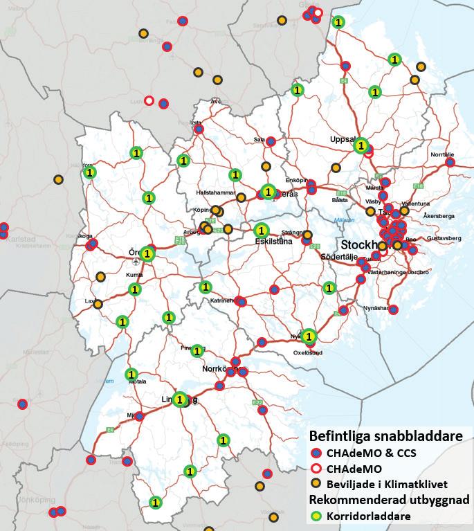 FIGUR 14. Rekommenderad första etapp för utbyggnad av snabbladdare i Östra Mellansverige.