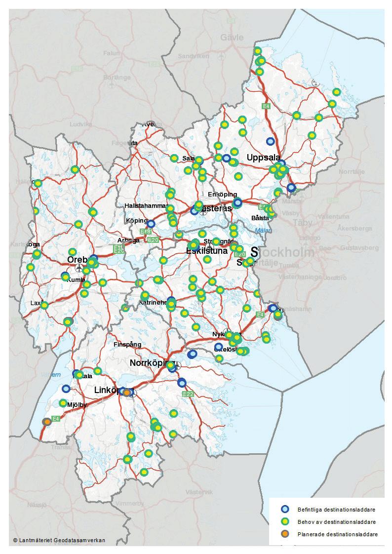 Bilaga 4 Destinationsladdare i kartor Nedan visas det identifierade behovet av laddstationer i kartformat, tillsammans med befintliga och planerade destinations