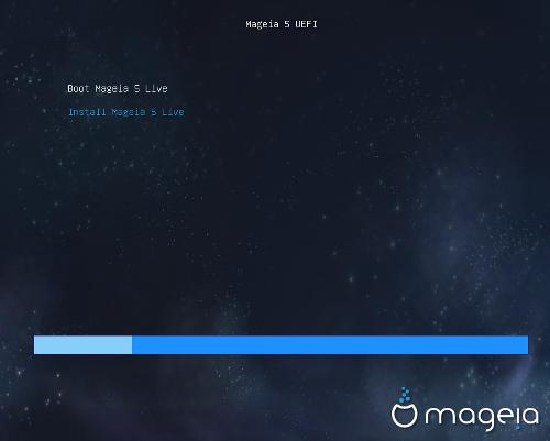 2.3. I UEFI-läge Första skärmen när du startar ett UEFI-system från disk Du kan enbart köra Mageia i liveläge. (första alternativet) eller att bearbeta installationen (andra alternativet).