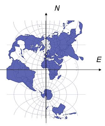 Kapitel 3: Kartprojektioner Figur 3.9. Transversal Mercator-projektion, gradnät 15º. Medelmeridian går genom Greenwich. E-axeln sammanfaller med ekvatorn och N-axeln med medelmeridianen.