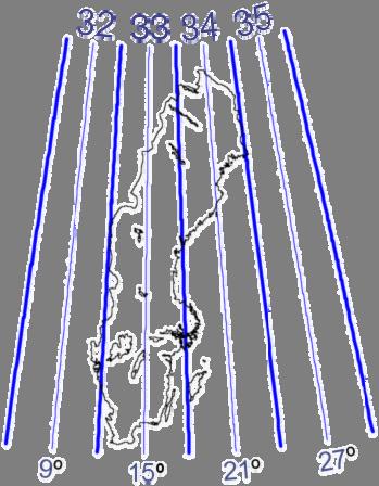 Kapitel 3: Kartprojektioner Figur 3.12. Zonindelning av UTM i Sverige. 3.4 Formler för kartprojektioner I detta avsnitt kommer vi att studera explicit uttryck för en Mercator-projektion, men först behövs en matematisk bakgrund.