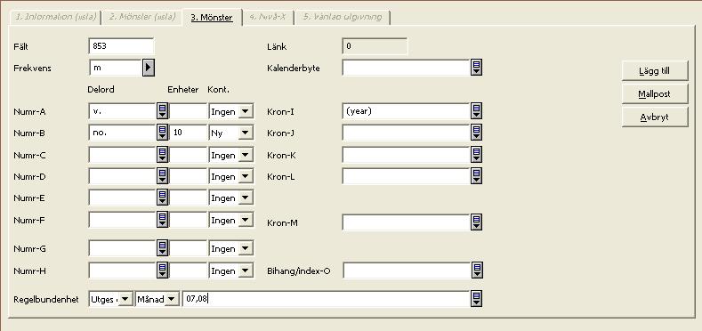 Fokus flyttas till flik 3 Mönster i den nedre rutan (markera eventuellt fliken). Fyll i fälten i formuläret.