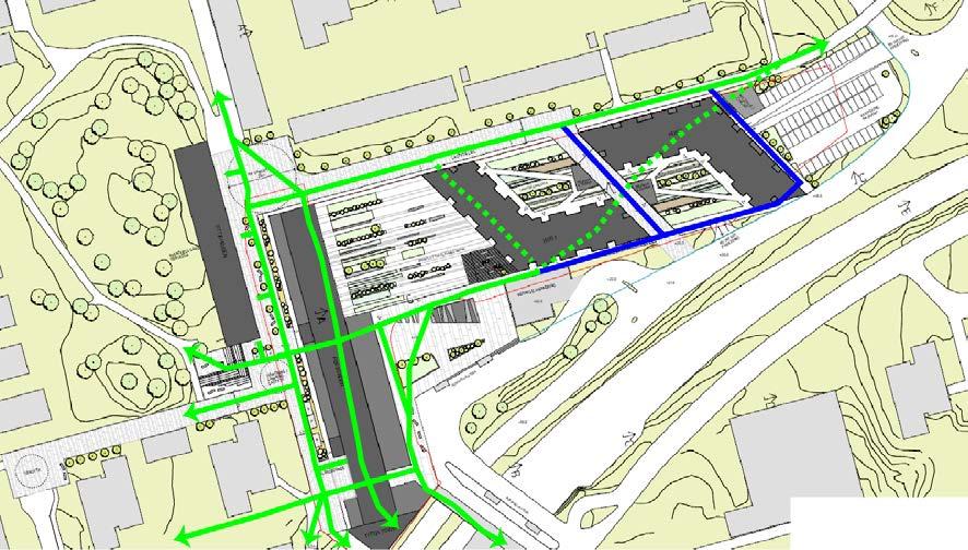 Idag genar många gående över den stora parkeringen öster om centrumet och det är också här den största påverkan för gående uppstår i och med de nya husens placering.