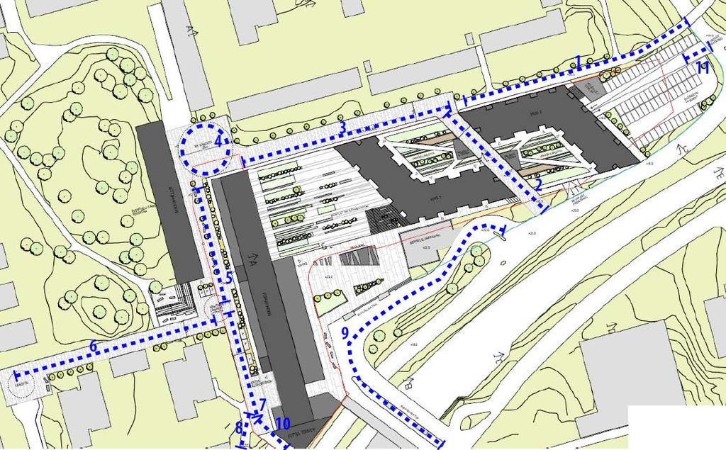 5.2 Gator inom exploateringsområdet Exploateringen bidrar med nya målpunkter i området och som i sin tur genererar mer liv och rörelse av framför allt oskyddade trafikanter på gång- och cykelvägnätet.