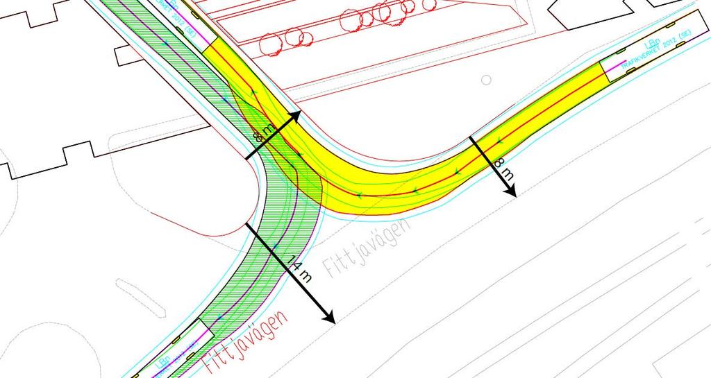 Figur 11. Körspår för korsningen mellan ny gårdsgata och Fittjavägen.