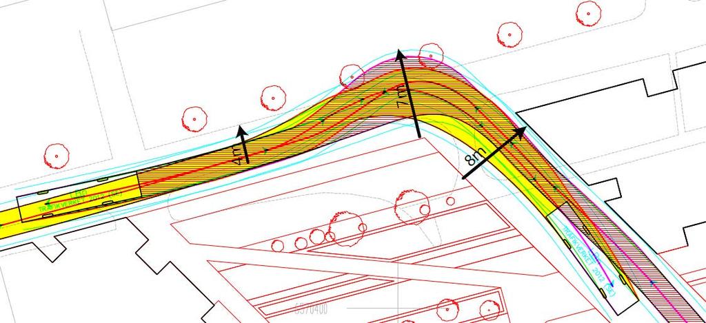 En lokal breddning av gång- och cykelvägen är nödvändig för att möjliggöra svängrörelsen. Figur 12. Körspår för korsningen mellan ny gårdsgata och gång- och cykelväg.