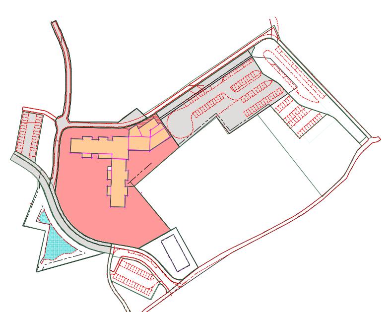 Figur 7 De ytor från planområdet som har medräknats i avrinningsflöden har markerats i figuren. Orange visar tak, röd markerar skolgård, grå markerar asfalt.