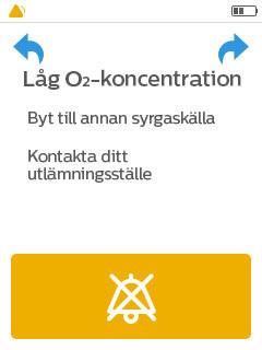 Visuella indikatorer och ljudindikatorer Beskrivning Vad du ska göra 1 pip som upprepas var 16:e sekund Larmet Låg O2-koncentration Detta larm utlöses när apparaten tillför en lägre koncentration av