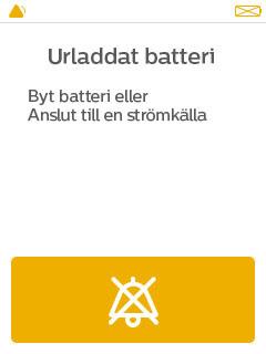 Visuella indikatorer och ljudindikatorer Beskrivning Vad du ska göra 1 pip som upprepas var 16:e sekund Larmet Urladdat batteri Detta larm utlöses när ungefär 2 minuter av batterilivslängden återstår.