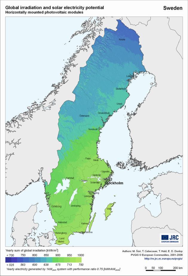 Solinstrålning: Sverige /Solar irradiation in Sweden Hur mycket solinstrålning får vi i Södra Sverige (Malmö) per år? (hor. yta) /How much solar irradiation in the South of Sweden?