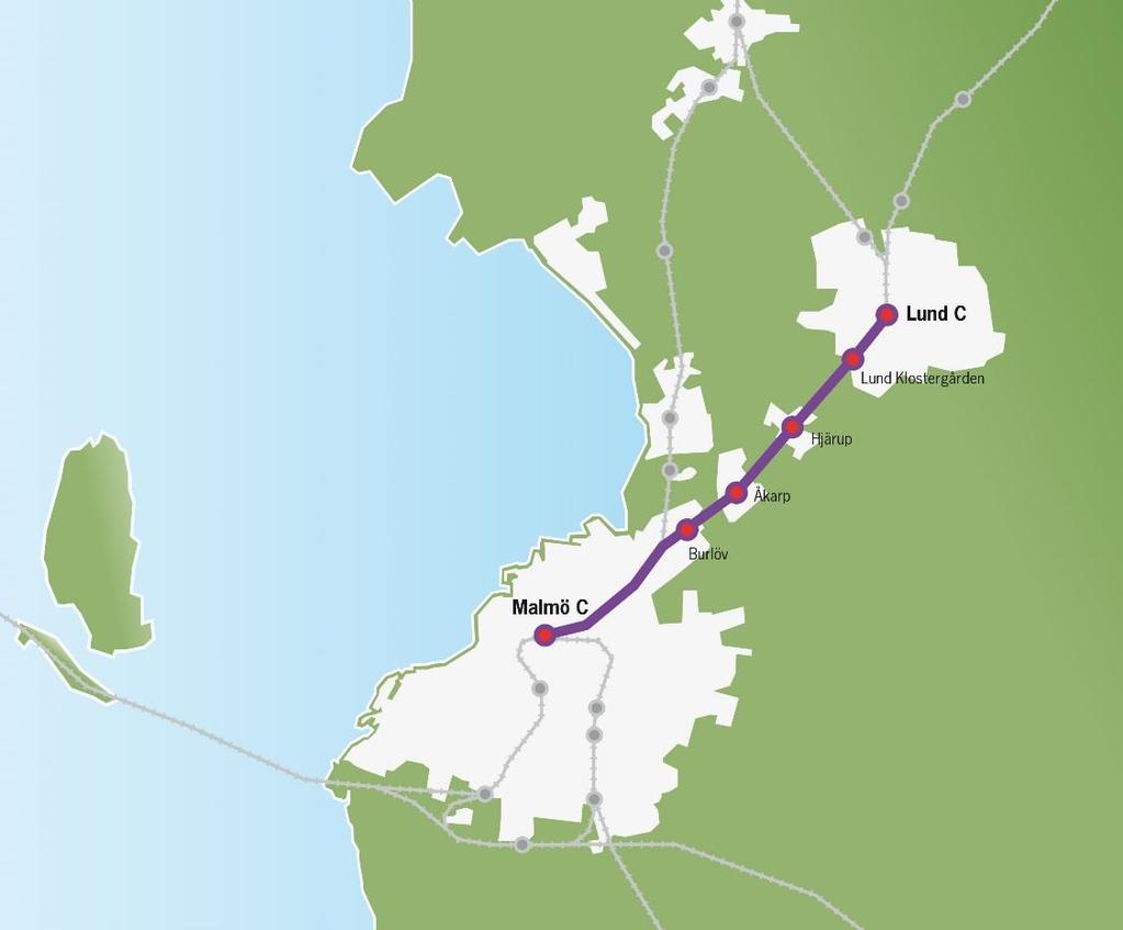 10 (44) Malmö Lund År 2016 År 2035 År 2050 Antal resande per helgfri vardag 56100 137000 235000 Nuvarande trafikutbud: Öresundståg i 10 minuters trafik i rusningstid och 20 minuters trafik övrig