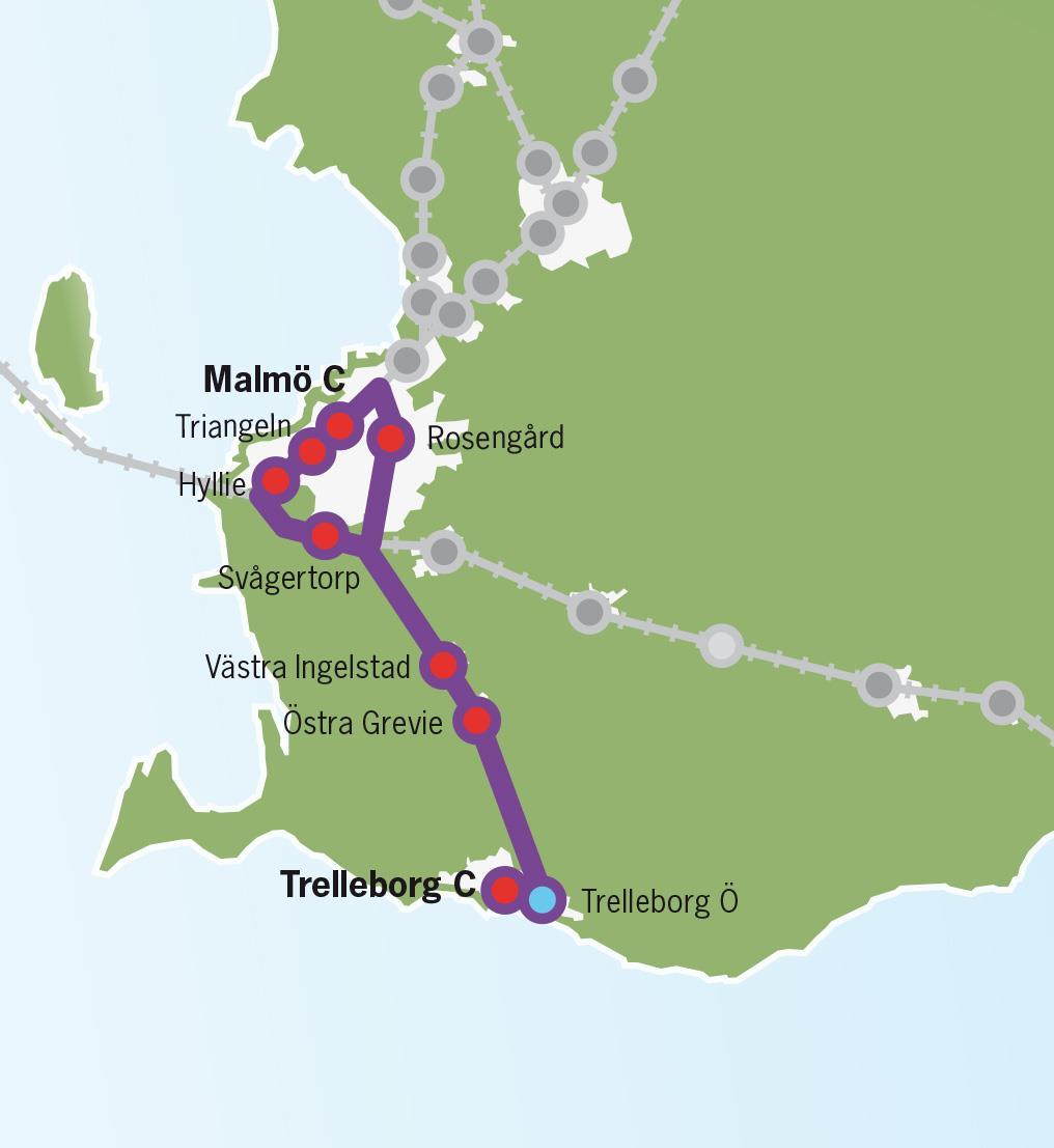 12 (44) Malmö Trelleborg År 2016 År 2035 År 2050 Antal resande per helgfri vardag 5000 26300 45300 Nuvarande trafikutbud: Pågatåg i 30 minuters trafik i rusningstid och övrig dagtid.