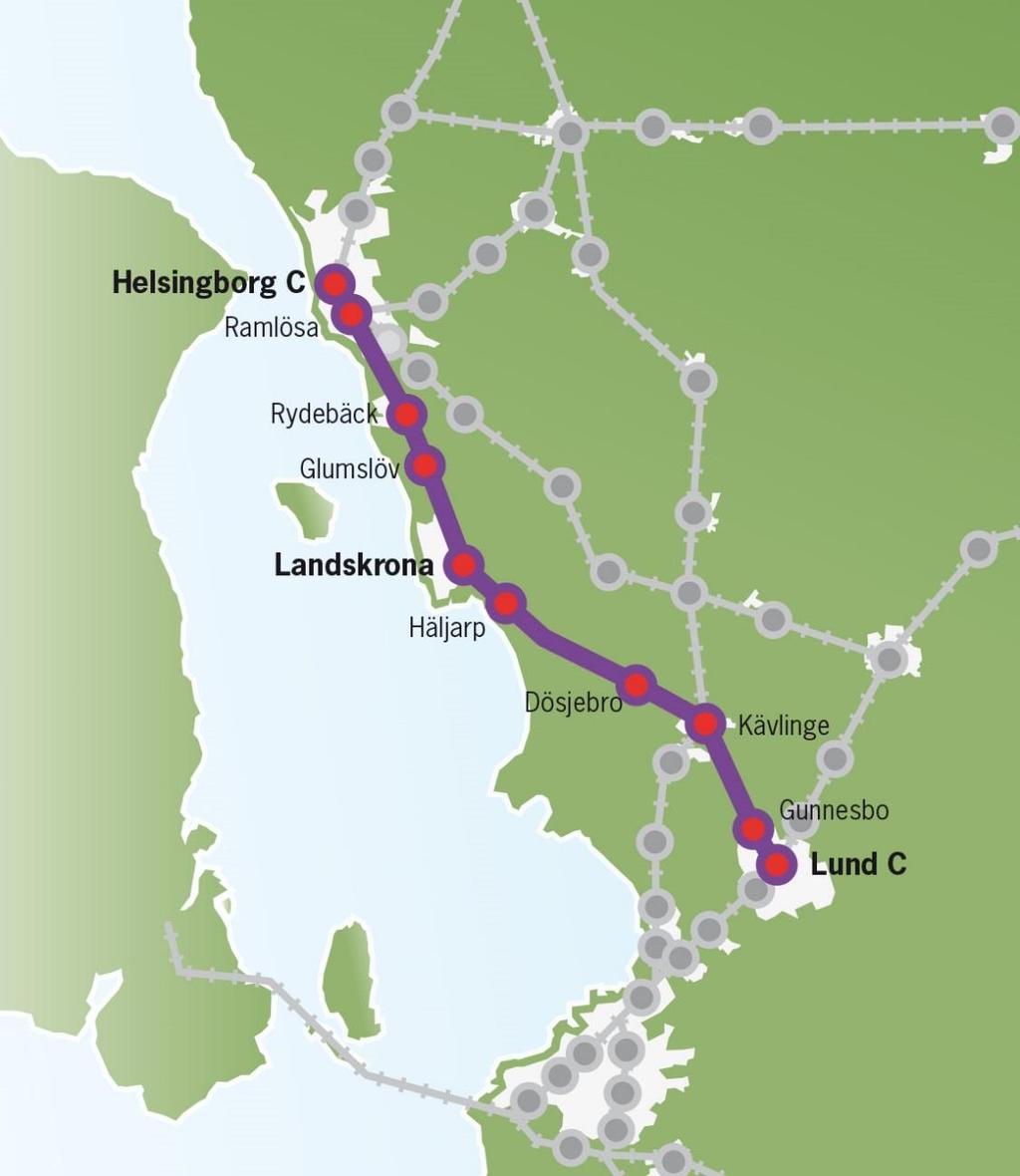 15 (44) År 2016 År 2035 År 2050 Antal resande (helgfria vardagar) 3000 6900 11900 Nuvarande trafikutbud: Pågatåg i 60 minuters trafik i rusningstid och övrig dagtid.