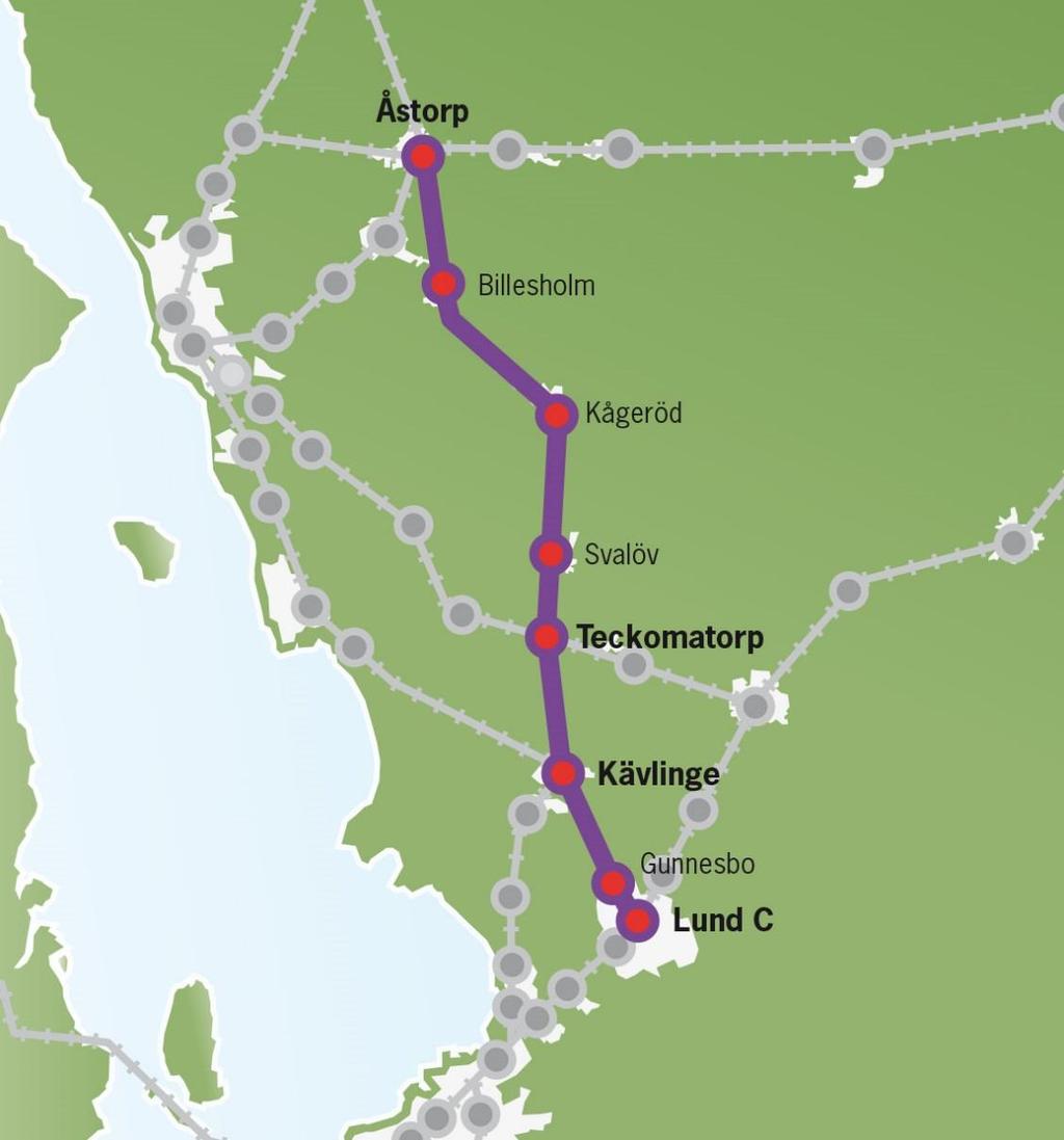 17 (44) Lund Kävlinge Teckomatorp Åstorp År 2016 År 2035 År 2050 Antal resande per helgfri vardag - 10600 18200 Nuvarande trafikutbud: Ingen genomgående persontågtrafik idag.