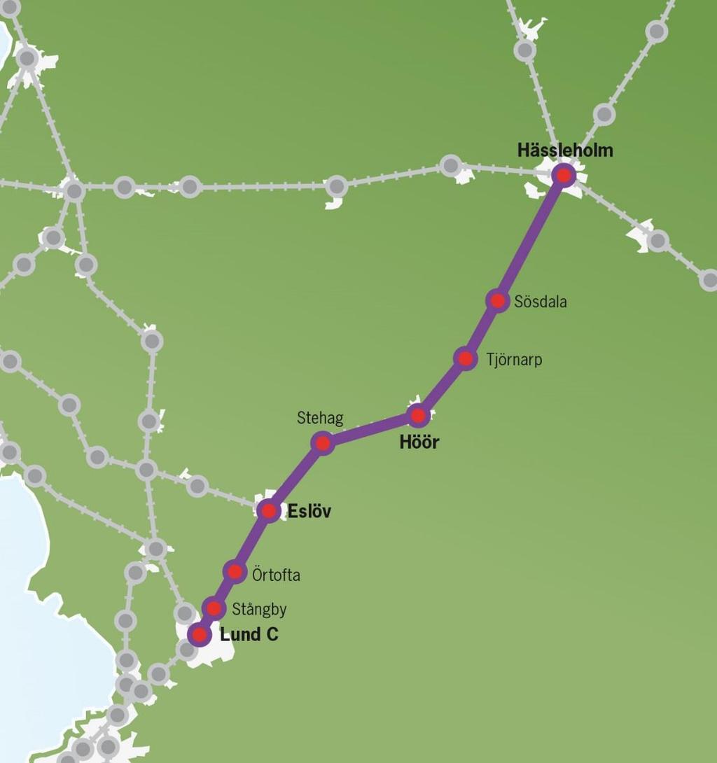 19 (44) Nuvarande trafikutbud: Pågatåg i 60 minuters trafik i rusningstid och övrig dagtid. Tågtrafikens utveckling år 2030 2034 Avgångar med Pågatåg utökas till 30 minuters trafik på dagtid (I).