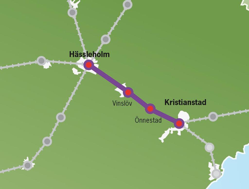 22 (44) Hässleholm Kristianstad År 2016 År 2035 År 2050 Antal resande per helgfri vardag 9700 26300 45300 Nuvarande trafikutbud: Öresundståg i 60 minuters trafik i rusningstid och övrig dagtid och