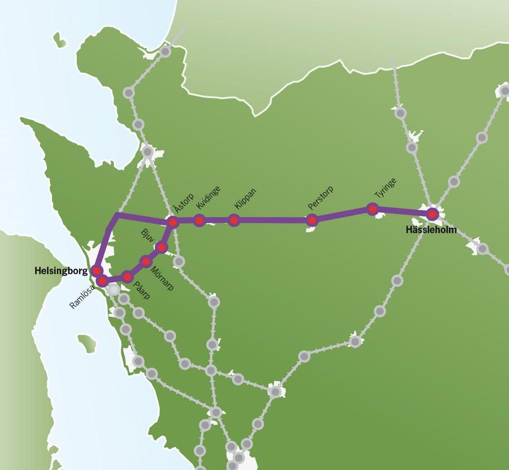 26 (44) Antal resande per helgfri vardag - År 2016 År 2035 År 2050 Nuvarande trafikutbud: Ingen genomgående tågtrafik idag.