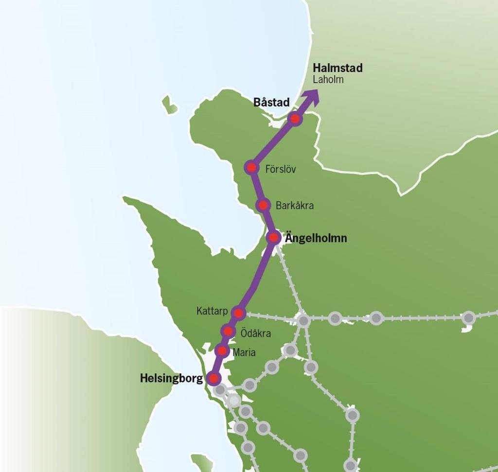 28 (44) Helsingborg Ängelholm Båstad Halmstad År 2016 År 2035 År 2050 Antal resande per helgfri vardag 10200 24100 53300 Nuvarande trafikutbud: Öresundståg i 60 minuters trafik i rusningstid och